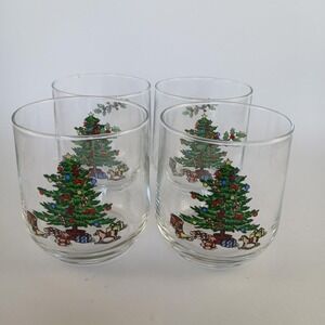 Set Of‎ 4 Tienshan Christmas Glass Holiday Tree Toys VTG Clear Bar Glass Festive